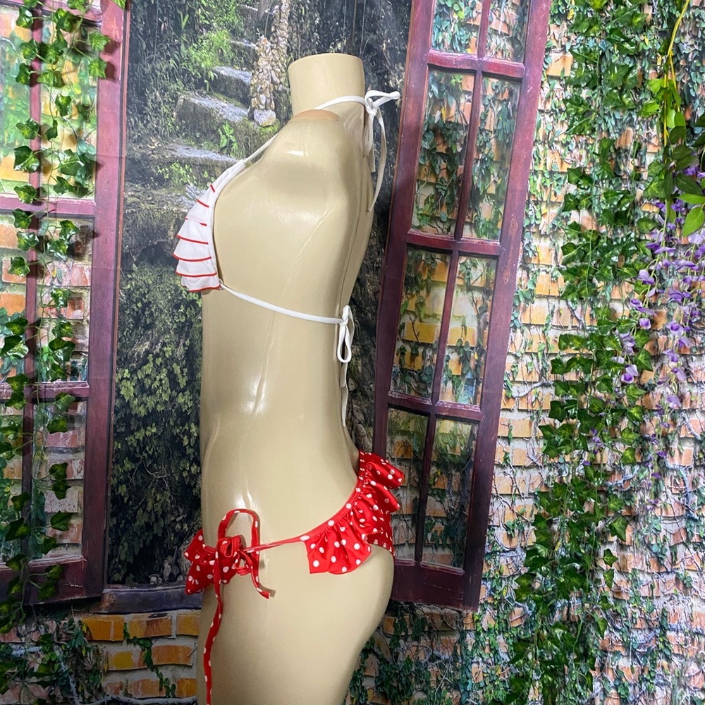 Zafil polka dot orange red/white bikini set Sz L - Picture 4 of 9